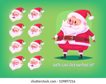 Set of Santa Claus face emotions icons Cute cartoon faces collection Merry Christmas vector illustration.