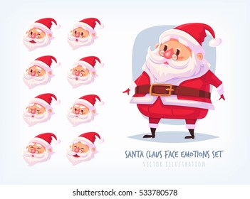 Set of Santa Claus face emotions icons Cute cartoon faces collection Merry Christmas vector illustration