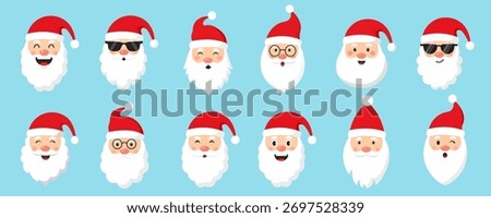Set of Santa Claus face. Santa faces set. Christmas claus character set. Cute funny santa claus. Saint nick head for Christmas cards, banners, labels. Cute noel icon. collection of santa head.