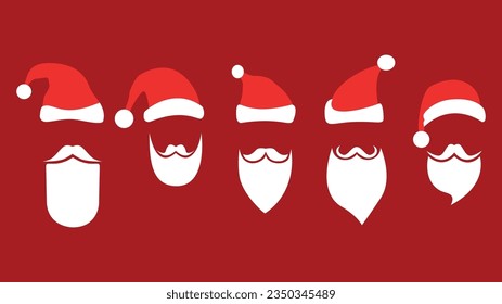 Set of Santa Claus faces with beards and hats. Isolated on red background. Christmas and New Year concept. Vector