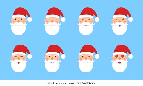 Set of Santa Claus faces. Collection of different emotions of Santa Claus. Christmas and New Year character. Vector illustration