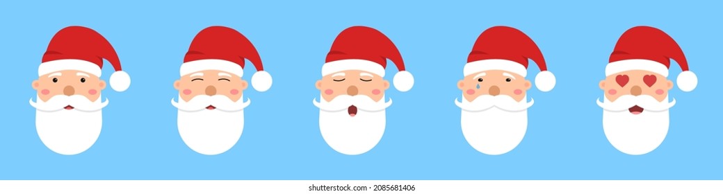 Set of Santa Claus faces. Collection of different emotions of Santa Claus. Christmas and New Year character. Vector illustration