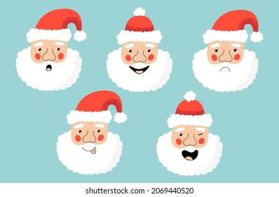 Set Santa Claus faces with cute emotions. Christmas and New Year. Vector illustration isolated on light blue background. Cartoon Santa character
