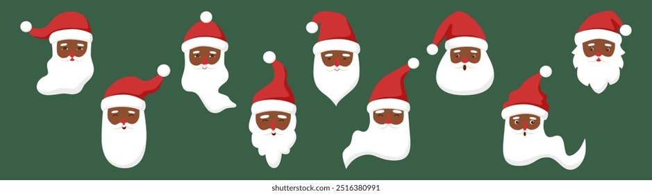 Set of Santa Claus faces with different emotions. Black skin Santa Claus. Christmas concept.