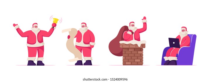 Set of Santa Claus Festive Activities. Fantasy Character Holding Gifts Bag Stick Out of Chimney, Ringing Bell, Reading Letter and Work on Laptop. Festive Xmas Season. Cartoon Flat Vector Illustration