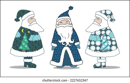 Set of Santa Claus figurine in full growth in colors. Vector illustration of Santa, profile and full face pictures for Christmas and New year decoration, greeting cards, posters, invitations.