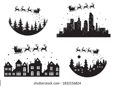 Set Santa Claus flies over the city sleigh and reindeer  Collection Santa's in the sky flies sleigh pulled by holiday animals  Vector illustration icons for New Year cards 