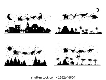 Set Santa Claus flying over the city sleigh and dinosaur  Collection Santa's in the sky flies sleigh pulled by holiday animals  Vector illustration icons for New Year cards 