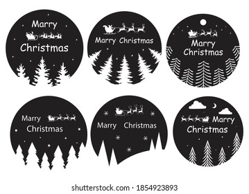 Set of Santa Claus flying in a sleigh reindeer. Collection of flying Santa with deer over the forest. Vector illustration design with inscription Merry Christmas for postcard.