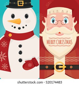 Set of Santa Claus with gift and pretty Snowman. Christmas card poster banner. Xmas greeting template design with Happy New Year