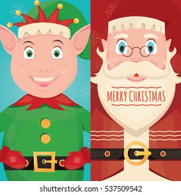 Set of Santa Claus with gift and pretty elf. Christmas card poster banner. Xmas greeting template design with Happy New Year