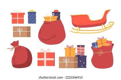 Ponga regalos de Santa Claus en cajas diferentes y saco rojo, Sled. Coloridas presentaciones para vacaciones de invierno, Navidad, celebración de Año Nuevo aisladas de fondo blanco. Ilustración del vector de dibujos animados