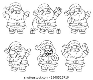 Set of Santa Claus with gifts, candy cane and Christmas tree. Coloring page. Kawaii cartoon characters. Black and white outline vector illustration.