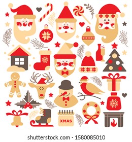 Set of Santa Claus with gifts tree and christmas elements