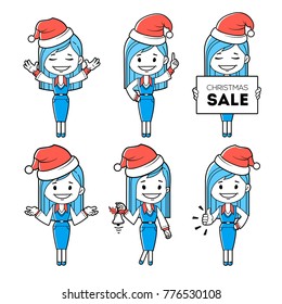 Set of Santa Claus girls. Christmas sale. Holiday discount. Christmas character woman. Holiday sale. Collection of Santa Claus women. Character in different poses
