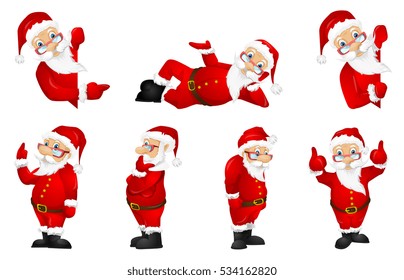 Set of Santa Claus in glasses and red costume pointing finger up. Cheerful Santa Claus showing thumbs up. Smiling Santa Claus pointing at billboard. Vector illustration isolated on white background.