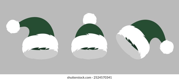 Set of Santa Claus green hats. Christmas vector elements for design.