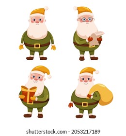 A set of Santa Claus in green suits, with gifts, a letter, Santa Claus with glasses, yellow hat, cartoon Christmas characters