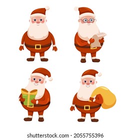 A set of Santa Claus in green suits, with gifts, a letter, Santa Claus with glasses, yellow hat, cartoon Christmas characters