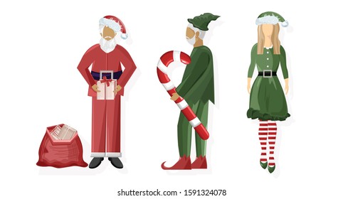 Set of Santa Claus and green woman and man elf. Holding gift boxes and lollipop. Winter holidays vector