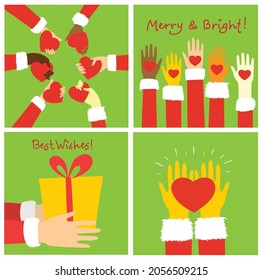 Set of Santa claus hands holding red heart and hands of children on green background