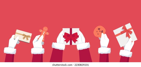 set of Santa Claus hands in white gloves holding boxes, cookie and gingerbread on blank red background, flat vector illustration	