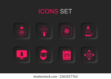 Ponga sombrero y barba de Santa Claus, estrella de Navidad, bola, calendario del día, vela ardiente, copo de nieve e icono del árbol. Vector