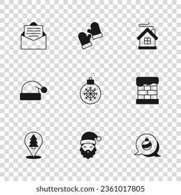 Set Santa Claus hat and beard, Christmas chimney, ball, Merry house, Envelope, mittens and  icon. Vector