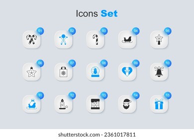 Set Santa Claus hat and beard, Christmas shopping bag, Holiday gingerbread man cookie, santa claus sleigh, Gift box, ringing bell, Candy cane with stripes and snow globe icon. Vector