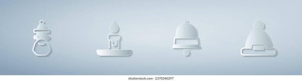 Set Santa Claus hat and beard, Burning candle, Christmas ringing bell and . Paper art style. Vector