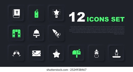 Set Santa Claus hat and beard, Burning candle, Christmas ringing bell, Mail box, Winter scarf, Envelope, Discount percent tag and star icon. Vector