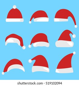 Set of Santa Claus hat isolated on blue background. Christmas hats. Happy New Year and Merry Christmas decoration element. Vector illustration.