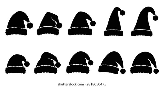 Set of Santa Claus Hat Silhouette Icons Isolated on White Background Featuring Traditional Christmas Caps with Pom Pom for Holiday Decoration and Festive Design Collection