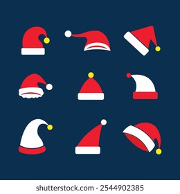 Set of Santa claus Hat, Santa Hat Vector, Christmas cap icon, Christmas multi-color cap, Santa hat design on isolated background.