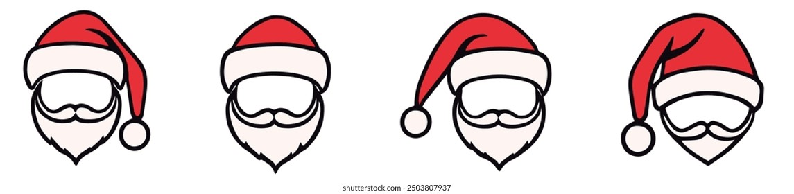 Set of Santa Claus hats with beard isolated on a white background, vector illustration