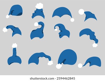 Set of Santa Claus hats blue. New Year hats. Kit of illustration for Christmas. Vector modern 