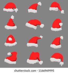 Set of Santa Claus hats Christmas theme. Design element or poster, greeting card, banner, flyer, decoration. Vector illustration