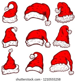 Set of Santa Claus hats Christmas theme. Design element or poster, greeting card, banner, flyer, decoration. Vector illustration