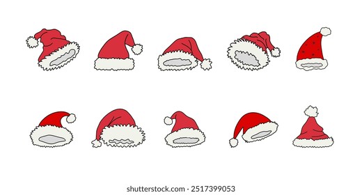 Set of Santa Claus hats. Christmas and New Year decoration. Vector, isolated on white background, flat style. For invitation, decoration, party, gifts.
