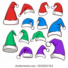 Conjunto de sombreros de Santa Claus en diferentes colores. Navidades y decoraciones de Año Nuevo, gorras de fiesta de carnaval. Ilustración vectorial moderna de moda aislada en el fondo blanco, dibujado a mano, diseño plano.