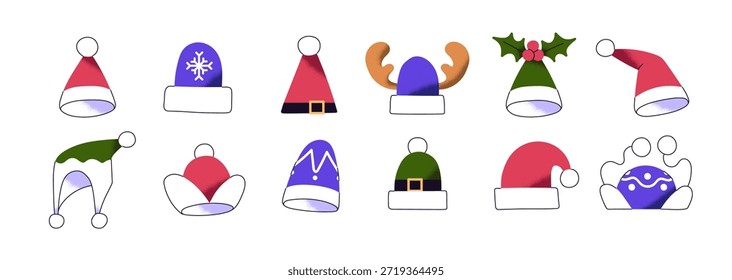 Set of Santa Claus hats with different geometric shapes. Doodle Christmas caps, headgears. Xmas red headwear. Winter holiday decoration. Flat isolated vector illustrations on white background