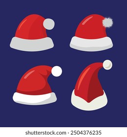 Set of Santa Claus hats. Festive winter hat. Red Santa Claus hats with white fur. Vector collection of Santa Claus hats. Vector illustration