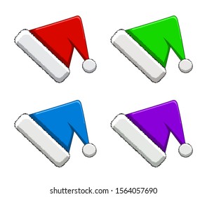 Set of Santa Claus hats isolated on white background illustration. Elf caps in different colors