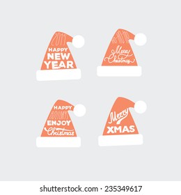 Set of Santa Claus hats isolated. Vintage vector illustration. Typography