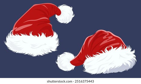 A set of Santa Claus hats. Isolated on a plain gray background. Elements for your design. Vector graphics.