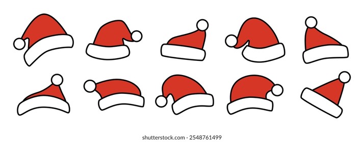 Set of Santa Claus hats isolated on white background, vector illustration