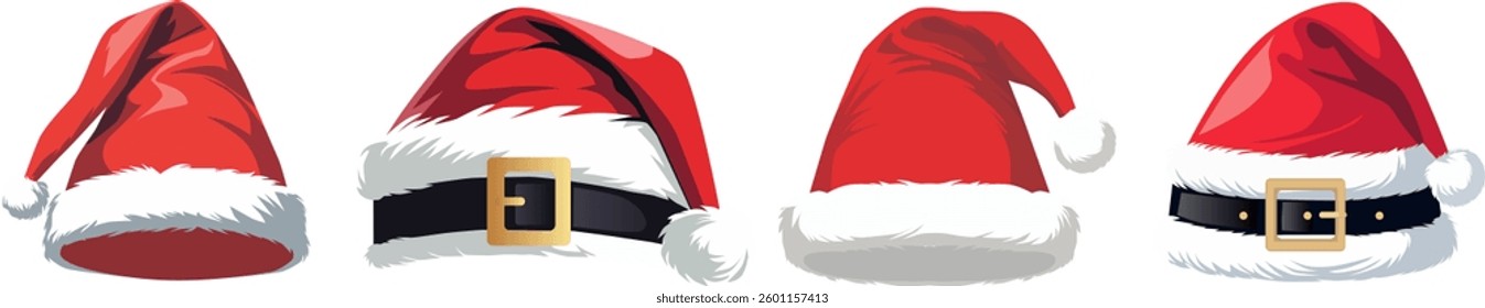 Set of Santa Claus hats isolated on transparent or white background. Vector illustration.