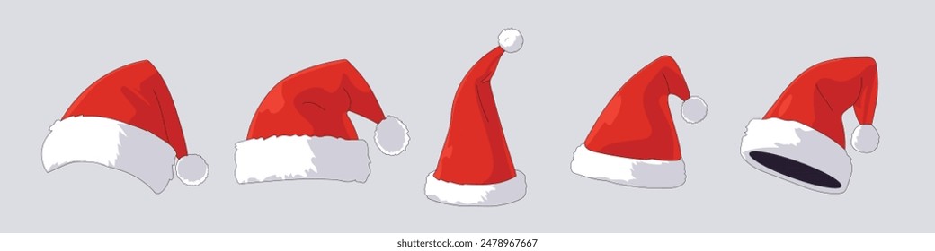 Set of Santa Claus hats. New Year's Santa hats. Vector.