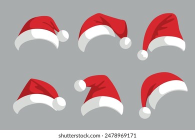 Set of Santa Claus hats. New Year hats. Vector.