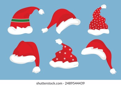 Set of Santa Claus hats. New Year hats. Vector.